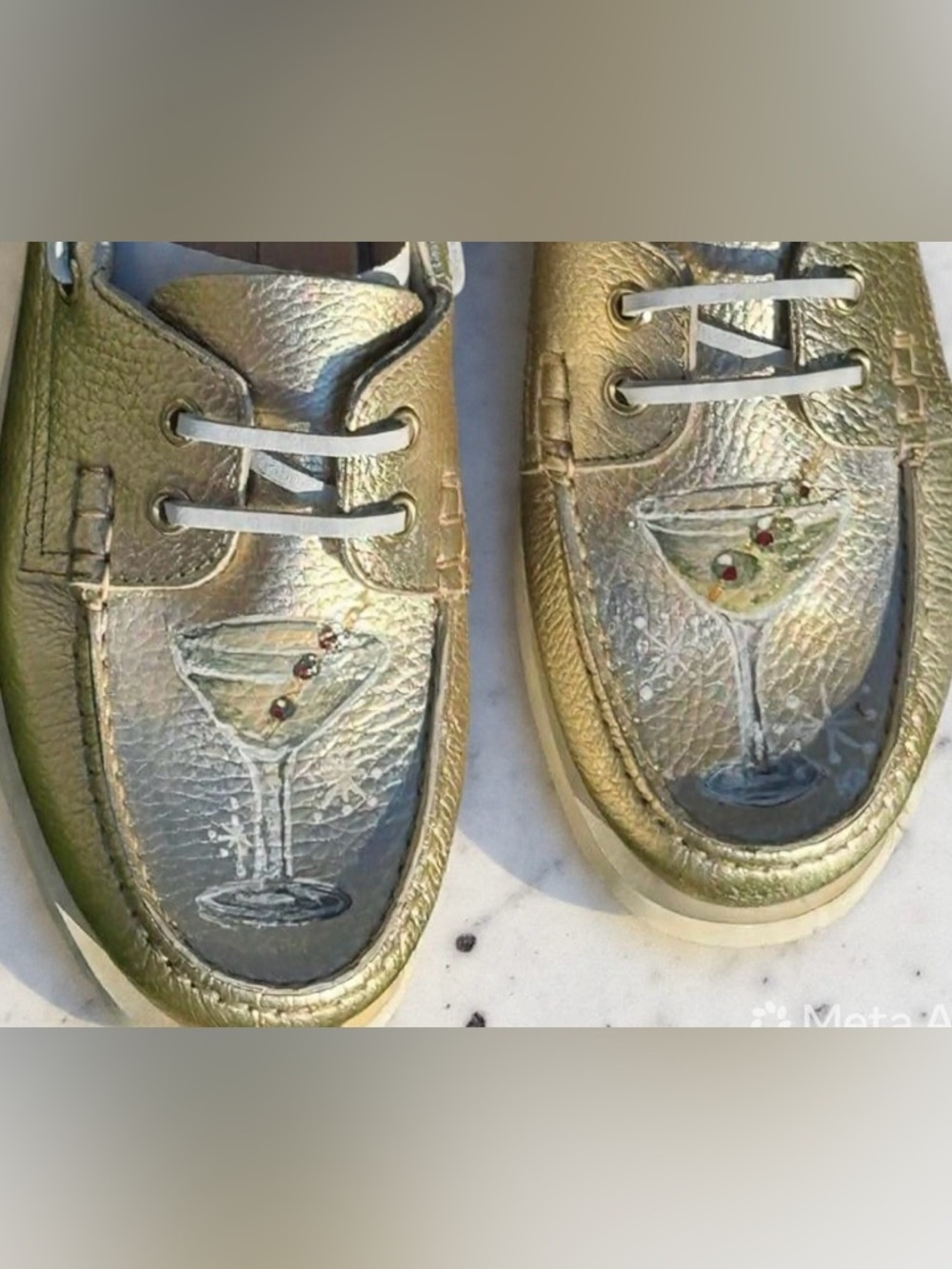 Bocage Gold Martini Boat Shoes Hand Painted Loafers EU 39 Coastal Luxe Custom